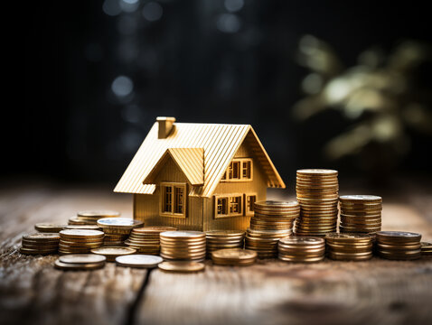 Stacks of coins, house in the background, Conceptual image of investment and financial freedom. Bokeh background.