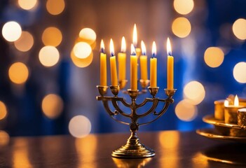 An AI illustration of gold menorah with five candles in front of lit up lights - obrazy, fototapety, plakaty