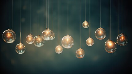  a group of light bulbs hanging from a string in a dark room with a blue wall and a black background.  generative ai - obrazy, fototapety, plakaty