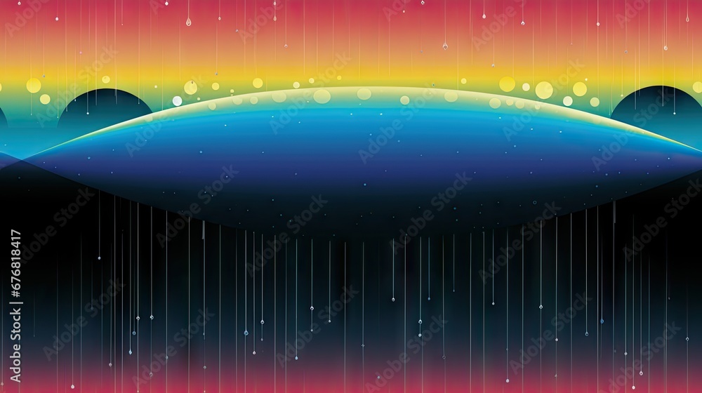 Poster a colorful background with rain drops falling from the sky and a planet in the middle of the image w