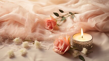  a couple of roses sitting on top of a bed next to a candle and a lace covered table cloth on top...
