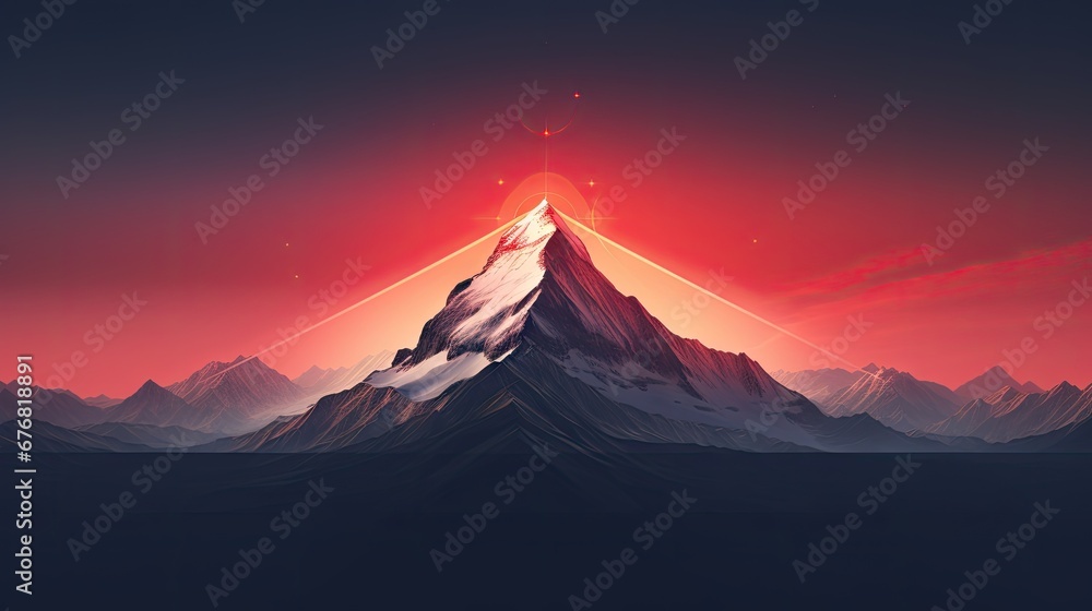 Poster a digital painting of a mountain with a red sky in the background and a bright light coming from the