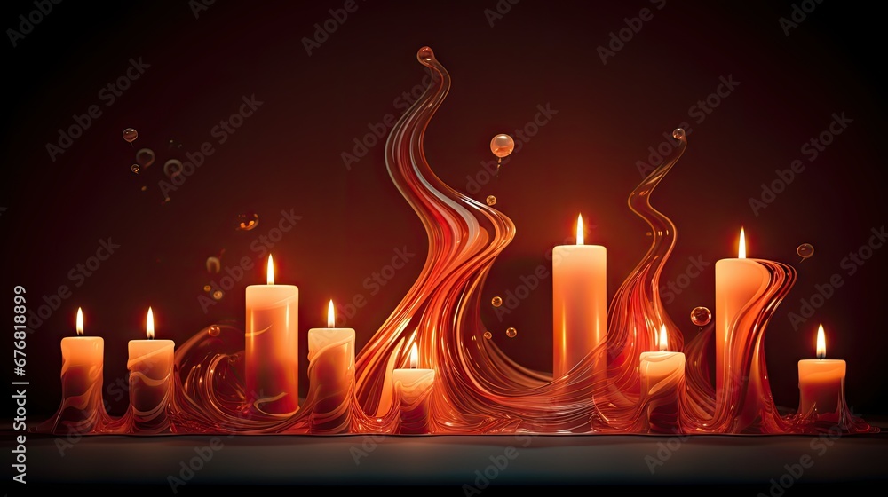 Poster a group of lit candles sitting next to each other on top of a black surface with swirls and bubbles 