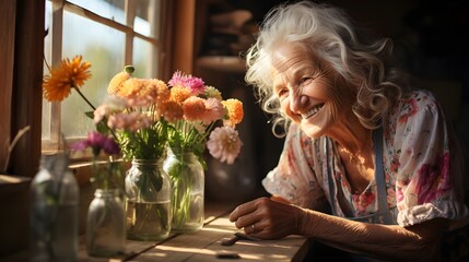 Golden Years Glow: Elderly Woman by a Sunlit Window with Flowers