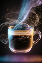 Uma xícara de vidro com café mágico, saindo vapor que circula formando formas abstratas e uma luz colorida de neon vinda debaixo.
