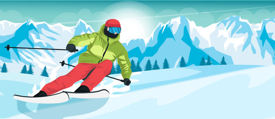 Skier in green jacket doing outdoor activity, slalom and ski freestyle ride. Scenic mountain landscape, extreme sport. Winter holiday resort. Pine forest, high peak and downhill. Vector illustration - obrazy, fototapety, plakaty