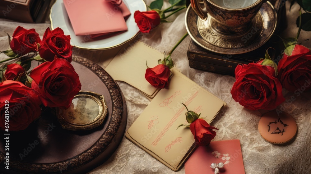 Poster a table topped with lots of red roses next to a cup of coffee and a notebook with writing on it. gen