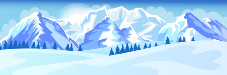 Picturesque snowy mountain landscape with high peak and steep rock. Outdoor winter tourism activity. Perfect slope for skiing. Adventure climbing and travelling. Pine forest. Vector illustration