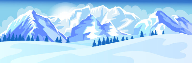 Fototapeta premium Picturesque snowy mountain landscape with high peak and steep rock. Outdoor winter tourism activity. Perfect slope for skiing. Adventure climbing and travelling. Pine forest. Vector illustration
