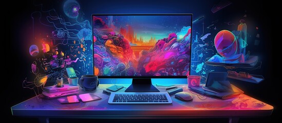 Colorful hologram computer drawing style background. AI generated image