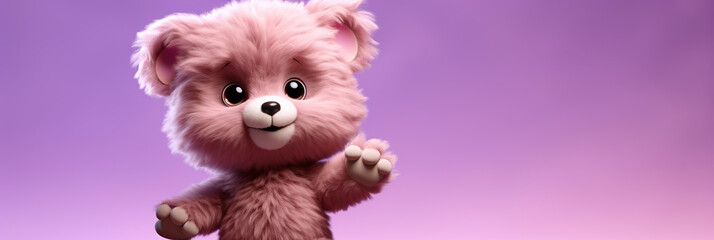 cute cartoon character happy plush teddy bear points paw at copy space on an purple isolated background