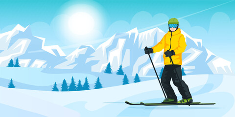 Skier man in warm yellow clothes standing on snow hill near mountain. Snowy scenic landscape, winter active lifestyle resort. Seasonal vacation, sport outdoor activity. Vector illustration