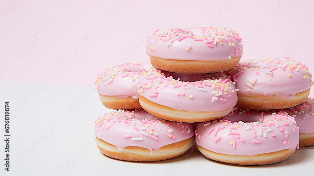Poster a pile of doughnuts with pink frosting and sprinkles on top of each of them. generative ai