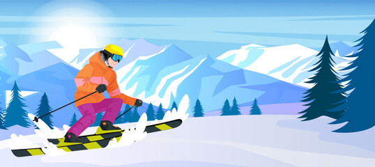 Fototapeta premium Skier in orange jacket doing outdoor activity, slalom and ski freestyle ride. Scenic mountain landscape, extreme sport. Winter holiday resort. Pine forest, high peak and downhill. Vector illustration