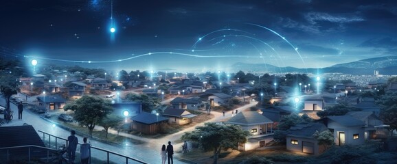 Connected houses. Digital community and smart homes. Houses at night with data transactions.