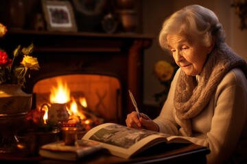 Fototapeta na wymiar An elderly woman sits by the fireplace with a picture of her late spouse and book, loneliness