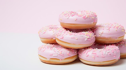  a pile of doughnuts with pink frosting and sprinkles on top of each of them.  generative ai