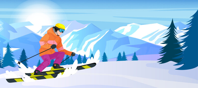 Skier in orange jacket doing outdoor activity, slalom and ski freestyle ride. Scenic mountain landscape, extreme sport. Winter holiday resort. Pine forest, high peak and downhill. Vector illustration