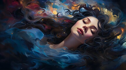 Obraz na płótnie Canvas Vivid Dream: Beautiful Woman with a Backdrop of Colorful Smoky Clouds