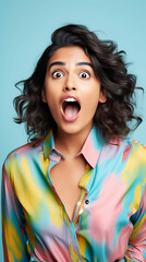 a  woman expressing surprise and shock emotion with her mouth open and big wide open eyes. 