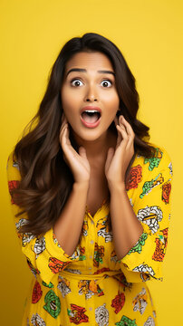 a  woman expressing surprise and shock emotion with her mouth open and big wide open eyes. 