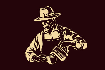 Hand Drawn Illustration of Old Man Making Coffee