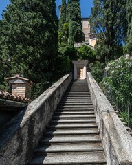 Stunning view of a stairway in the village of Morcote, Switzerland, on the shore of Lugano Lake