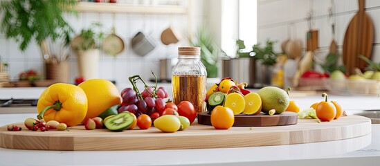 In the background of the kitchen a wooden bamboo cutting board lays with vibrant yellow fruits and vegetables showcasing their natural and organic textures Cooking with these nutritious ingr