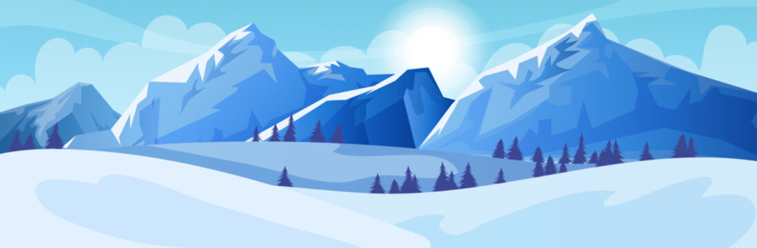 Outdoor tourism activity. Winter time. Scenic snowy mountain landscape. High peak, steep rock. Adventure climbing and travelling. Frost and cold. Pine forest. Vector illustration