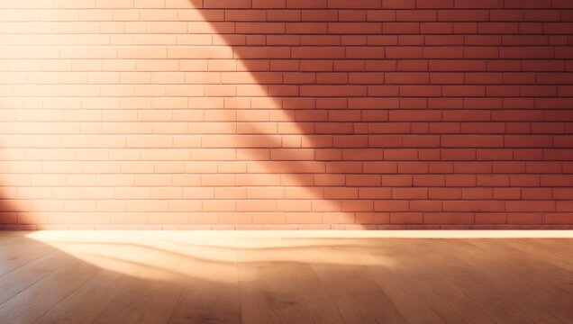 Fototapeta Empty interior with red brick wall and sunlight