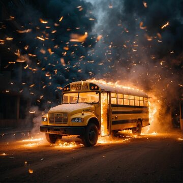 a yellow school bus is burning up on the street by itself