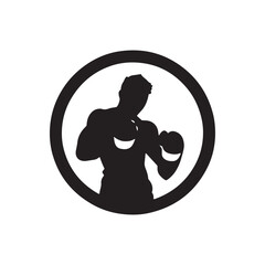 Logo of man icon vector silhouette isolated design in circle bodybuilder, gym concept black silhouette