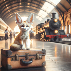 Travel-Ready Fennec Fox Sitting on Vintage Suitcase at Train Station - Concept of Adventure, Journey, and Exploration - obrazy, fototapety, plakaty