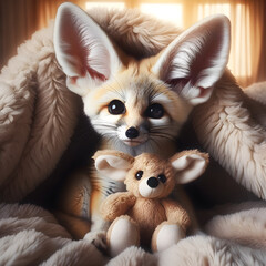 Fototapeta na wymiar Cozy Fennec Fox Snuggling with a Stuffed Toy in a Fluffy Blanket - Concept of Comfort, Childhood Innocence, and Tender Moments