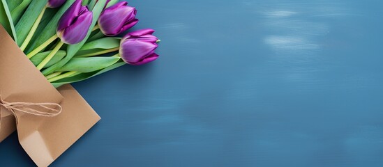 Fresh bouquet purple tulips in brown paper isolated blue background. AI generated image