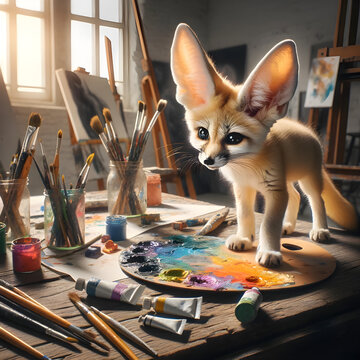 Fennec Fox Curiously Inspecting Colorful Palette in Art Studio - Concept of Creativity, Artistic Exploration, and Unconventional Artists
