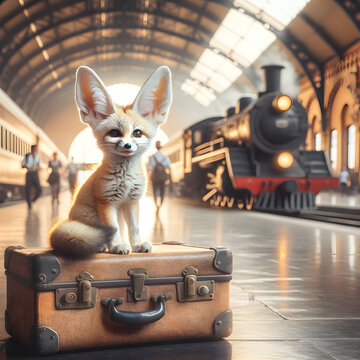 Travel-Ready Fennec Fox Sitting on Vintage Suitcase at Train Station - Concept of Adventure, Journey, and Exploration