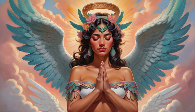 Godddess Mexican Girl Angel Wings Chicano Lowrider Art Street Tattoo Illustration	Airbrush Aztec Praying Hands #3