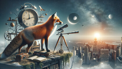 Curious Red Fox Exploring Cosmos Through Telescope on Urban Rooftop at Dusk - Concept of Discovery, Adventure, and Imagination - obrazy, fototapety, plakaty