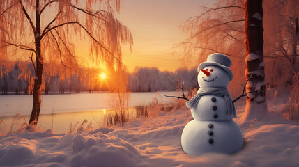 Obraz premium A Whimsical Snowman Adorned in a Cozy Scarf and Hat, Standing Proudly in a Snow Park bathed in the Warm Glow of Sunset, Creating a Magical Open Space in Celebration of Christmas