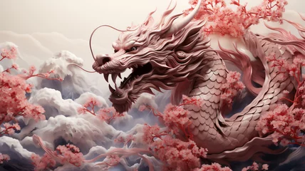 Fotobehang Chinese Dragon, Chinese Zodiac.illustration fantasy anime manga pink dragon with pink cherry blossom flower and tree for Chinese new year 2024 Asian Celebration, Generative Ai. © Anchalee