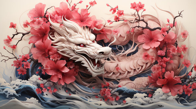 Chinese Dragon, Chinese Zodiac.illustration fantasy anime manga white dragon with pink cherry blossom flower and tree for Chinese new year 2024 Asian Celebration, Generative Ai.
