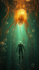 In the depths of the sea, man observes jellyfish. Exploration, mystery.