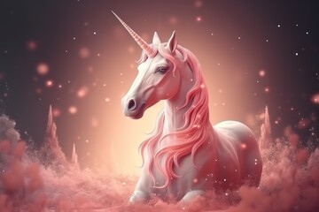 Cute pink unicorn in pink fantasy, AI generated