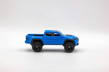 Detailed blue toy pickup truck on a white background
