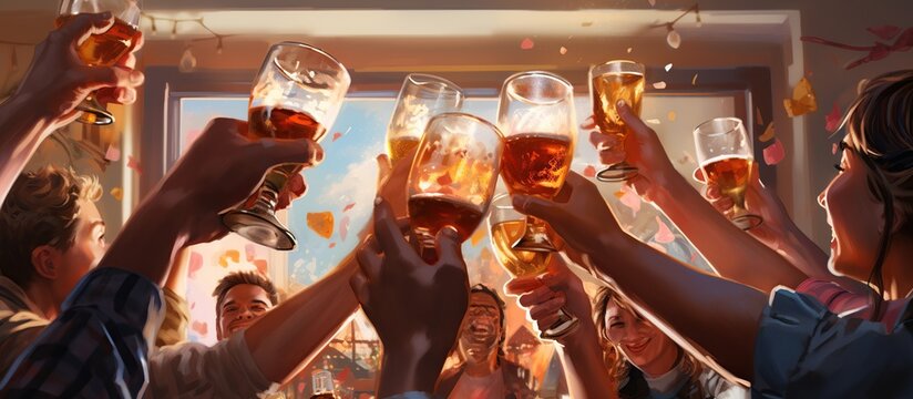 Toasting beer and stitching glasses in a restaurant or pub. AI generated image