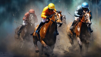 Intense horse race at full gallop. Epic lighting.