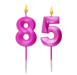 Pink birthday candles burning on white background. Number 85.