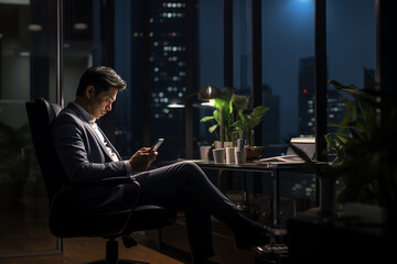 Businessman sitting and looking at his smartphone in office room. Portrait of man in suit reading message with smartphone. Successful employer sitting and typing on mobile phone. Generative AI