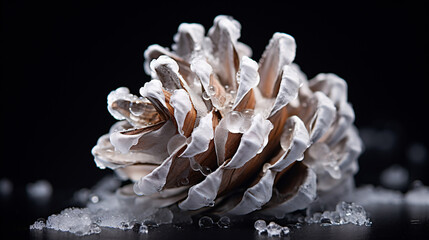 Close up shot of a frosty pine cone with ice 